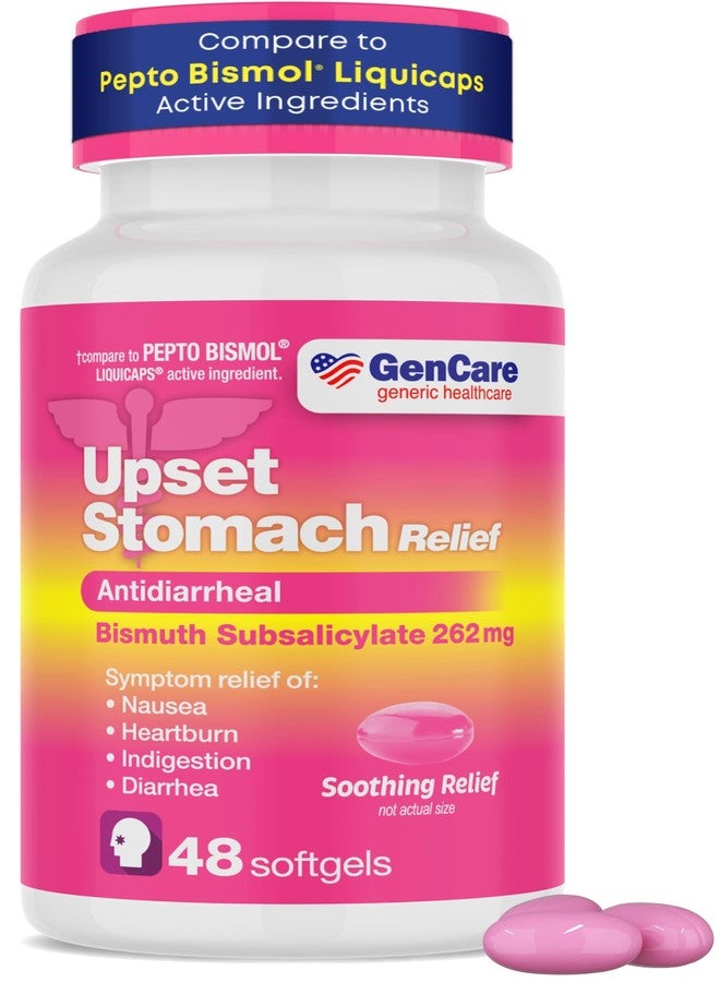 GenCare Upset Stomach Relief – 48 Softgels – Bismuth Subsalicylate 262 mg Antidiarrheal Medication – Acid Reflux Medicine for Nausea, Heartburn & Indigestion Relief – Generic for Pepte Bismol Tablets - Image 1